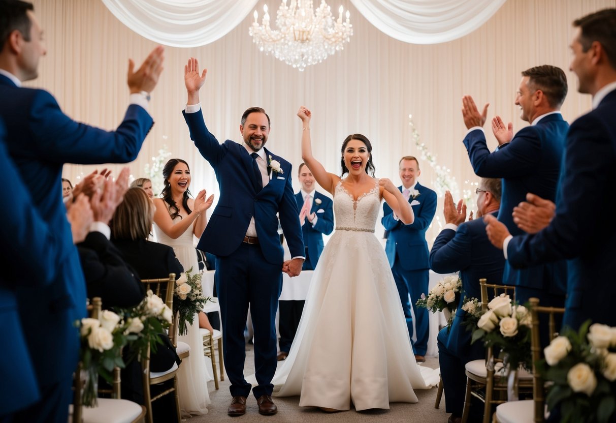 The officiant raises their arms, pronouncing the couple as officially married, as the audience erupts into applause and cheers