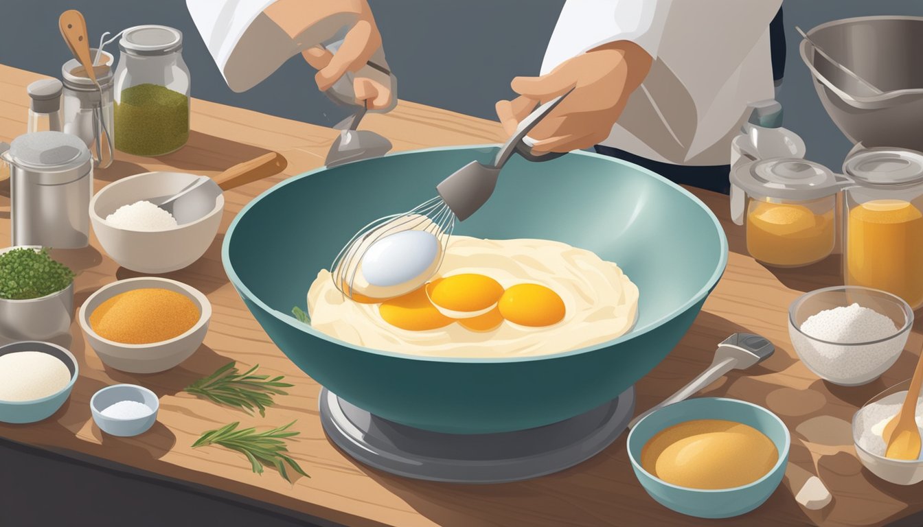 A chef cracking and whisking duck egg substitutes in a mixing bowl surrounded by various cooking utensils and ingredients