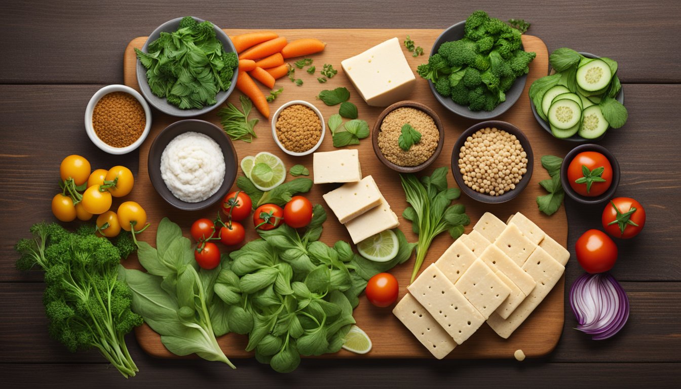 A variety of alternative ingredients such as tofu, seitan, and tempeh arranged on a wooden cutting board, surrounded by fresh herbs and colorful vegetables