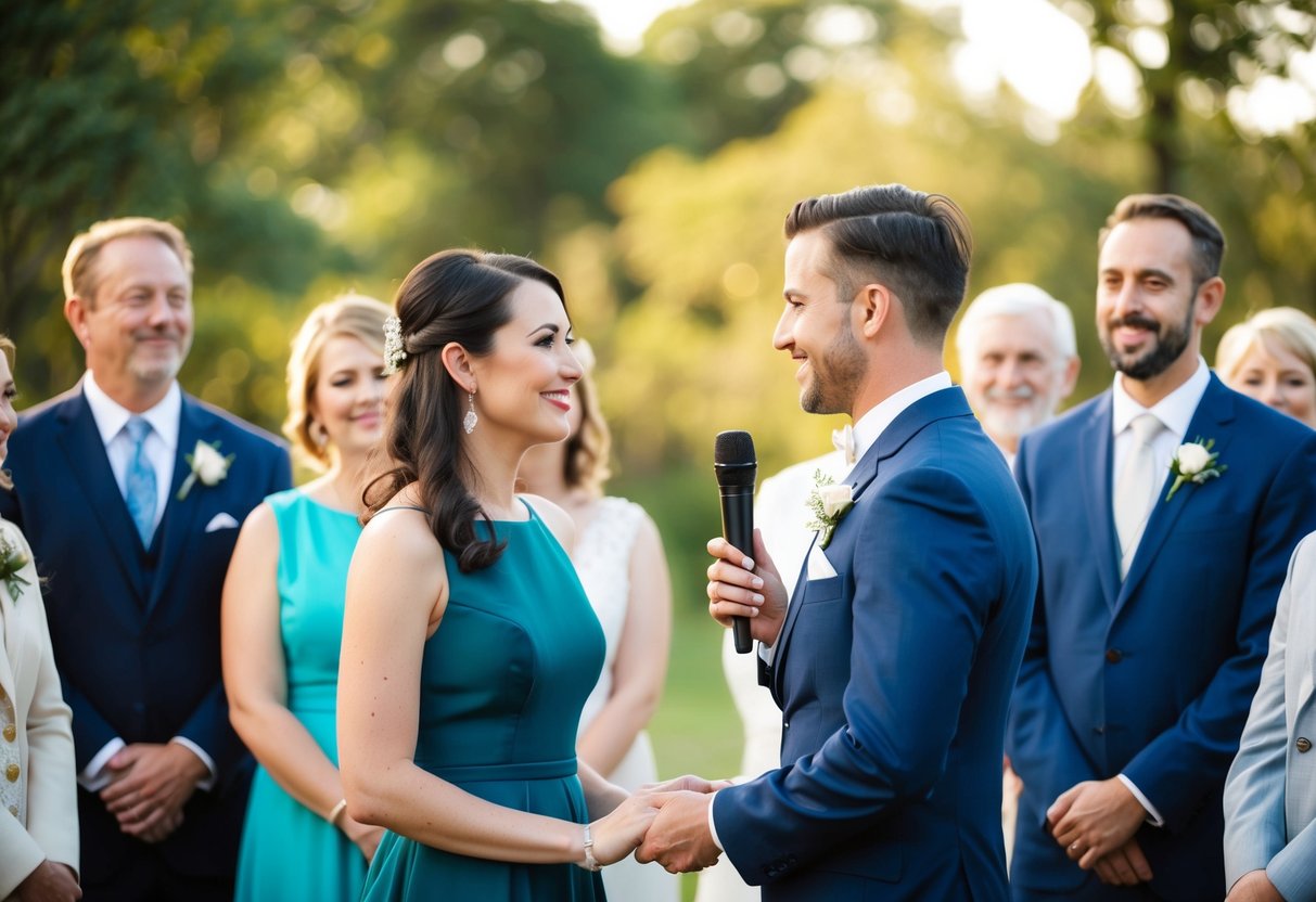 A couple stands facing each other, surrounded by friends and family. The officiant holds a microphone, speaking with warmth and sincerity