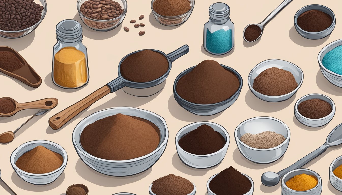 A variety of ingredients and kitchen tools laid out on a countertop, including different types of cocoa powder and measuring spoons