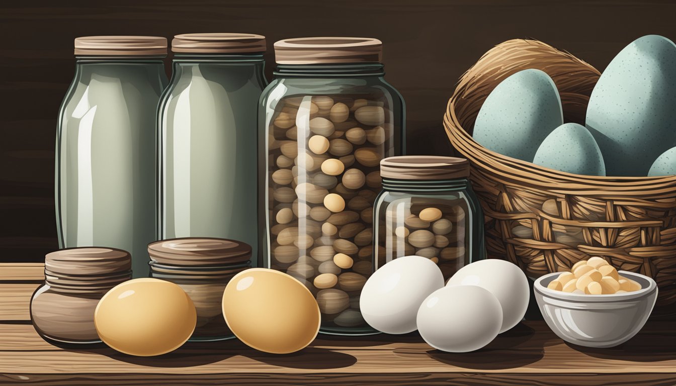 A basket of duck eggs sits next to jars of preserved egg substitutes on a rustic wooden shelf