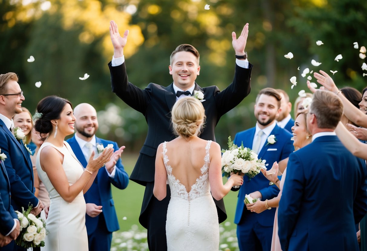 The officiant raises their arms and offers a heartfelt blessing to the newlyweds as guests cheer and throw flower petals in celebration