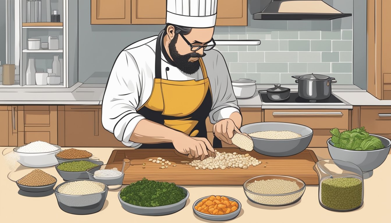 A chef slicing and seasoning a variety of alternative proteins such as tofu, tempeh, and seitan to use as substitutes for duck breast in creative dishes