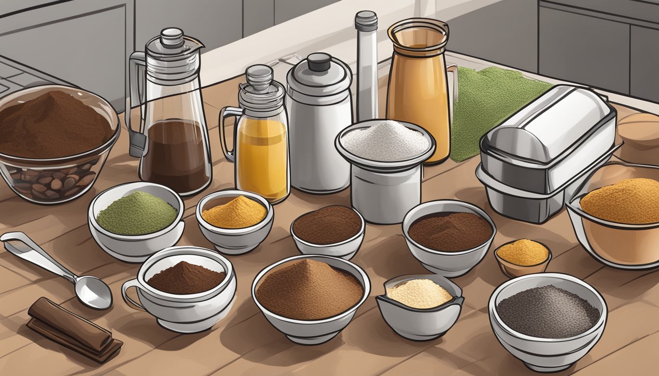 A kitchen counter with various ingredients and utensils for making dutch process cocoa powder substitutes