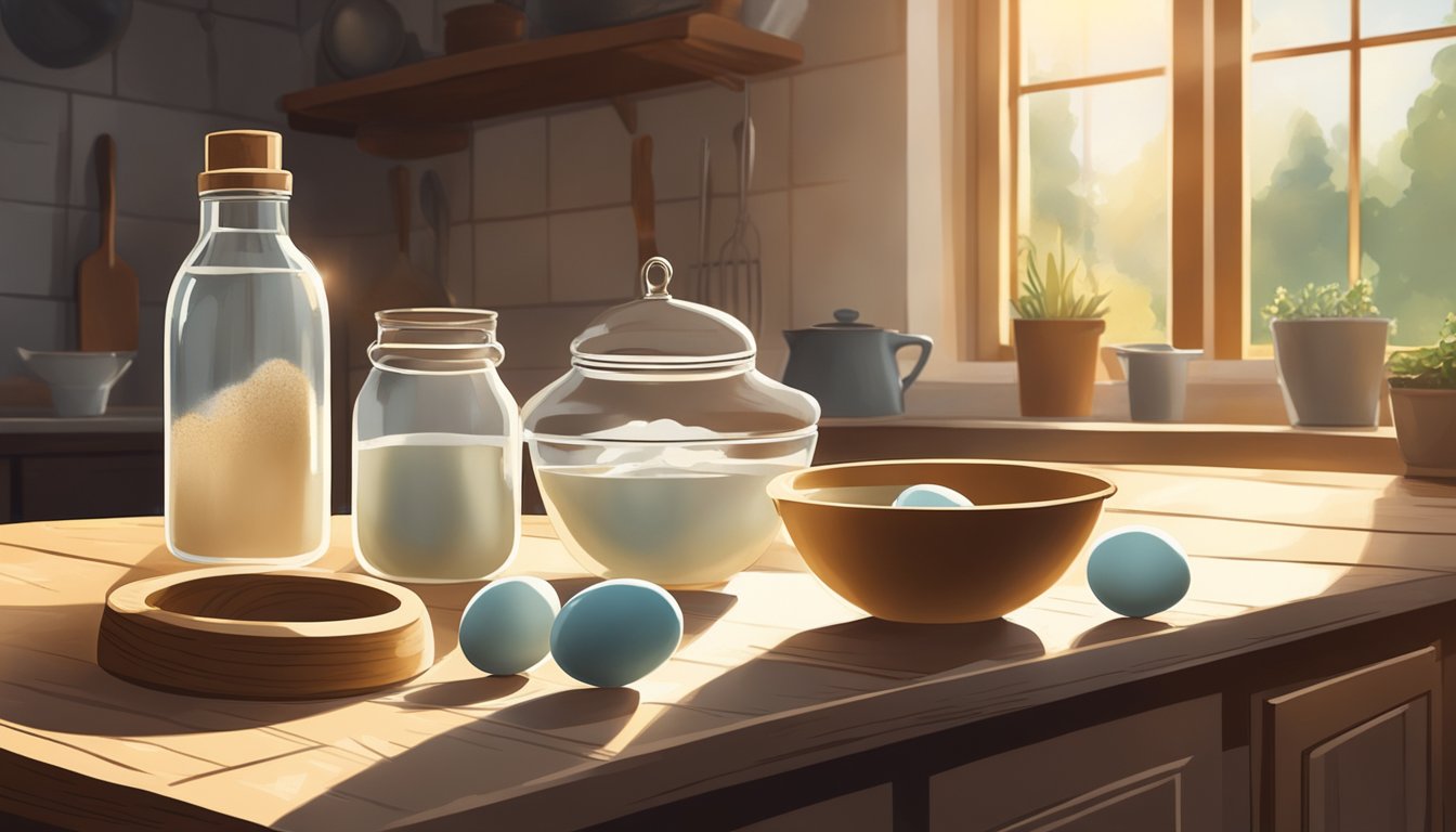 A rustic kitchen with a basket of duck egg substitutes, a mixing bowl, and a vintage whisk on a wooden countertop. Sunlight streams through a window, casting warm shadows