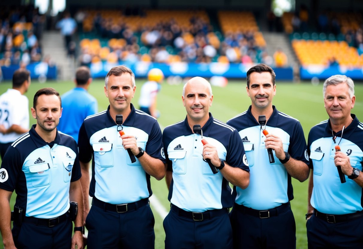 Six officiating officials stand in a row, each holding a whistle and wearing a uniform. They are positioned on a sports field, surrounded by players and spectators