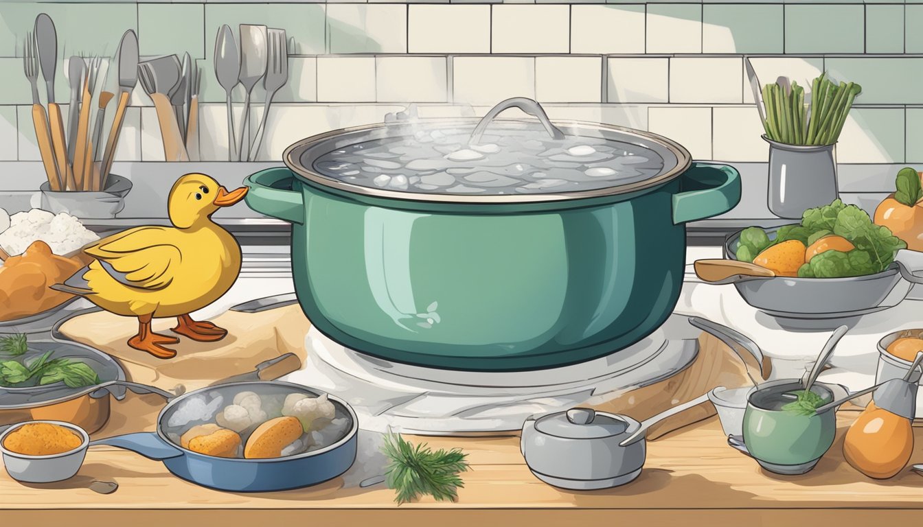 A duck with its legs submerged in a pot of boiling water, surrounded by various ingredients and utensils on a kitchen counter