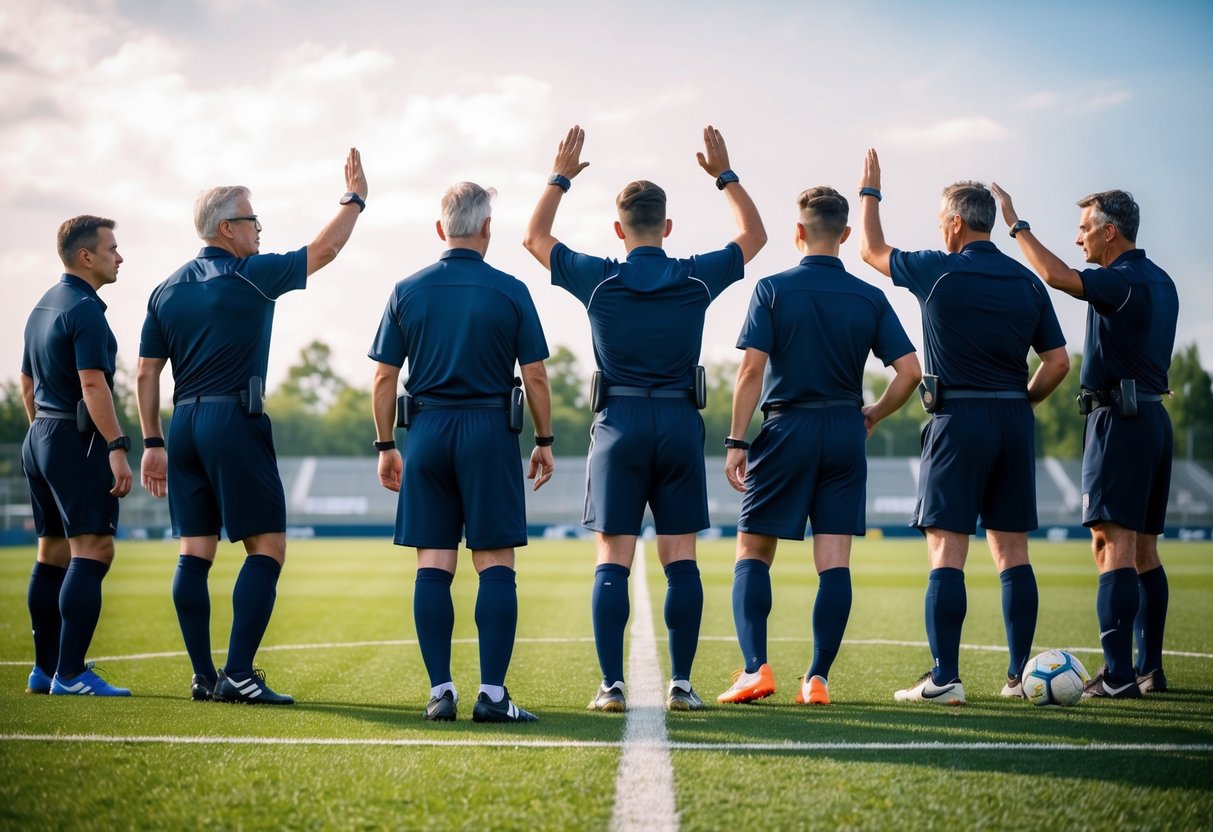 Six officials on a soccer field, overseeing game incidents and issuing penalties