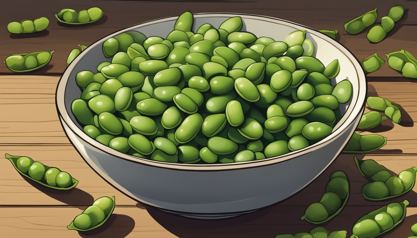 A bowl of edamame sits on a wooden table, surrounded by scattered soybean pods. A few pods are open, revealing the bright green beans inside