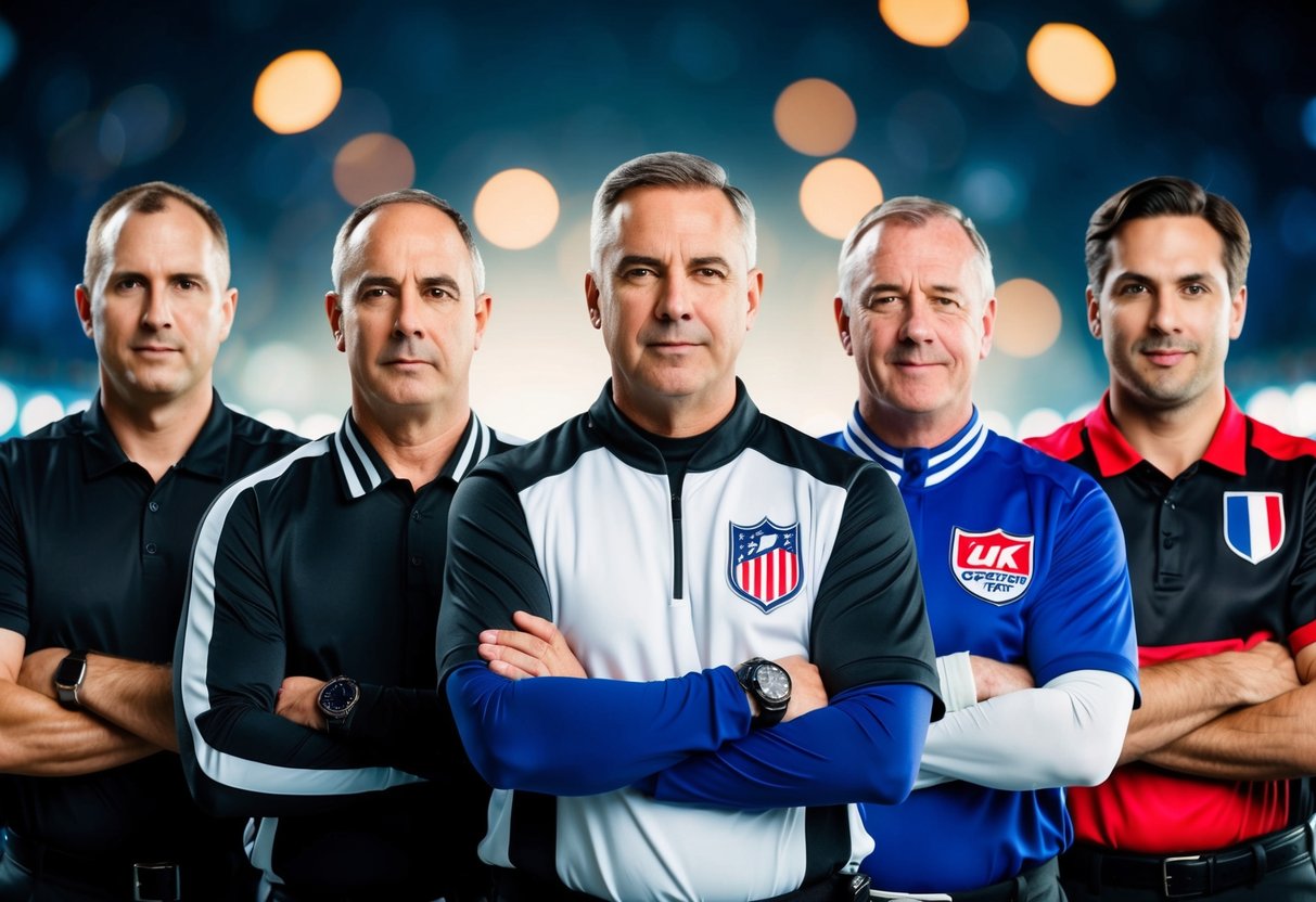 Six officiating officials in different sports leagues standing together