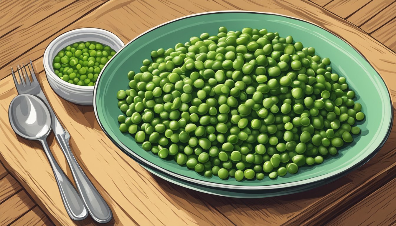 A bowl of cooked green peas sits next to a plate of steamed green beans on a wooden table