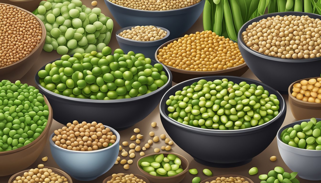 A variety of legumes - green peas, chickpeas, and lentils - arranged in a colorful display, with a bowl of edamame in the center