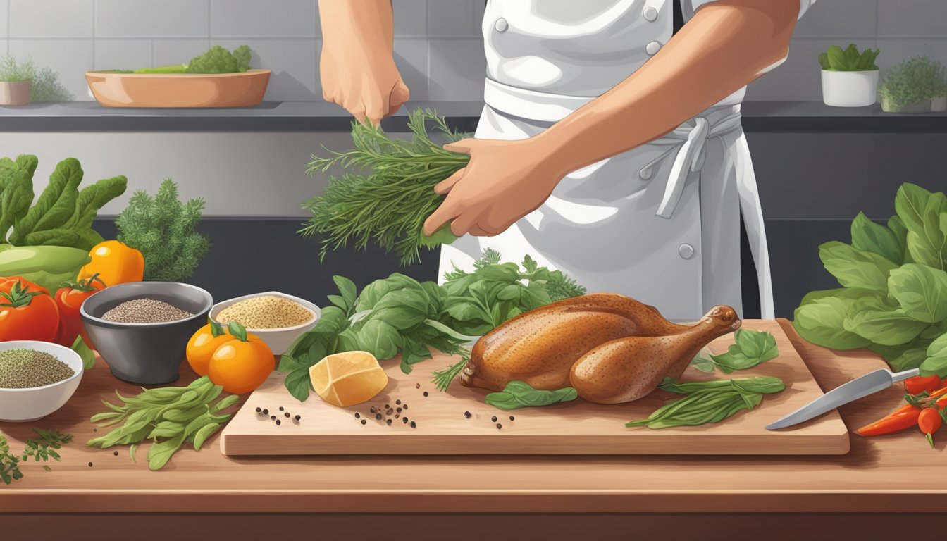 A chef's hand swaps duck legs for plant-based substitutes on a cutting board surrounded by assorted herbs and spices