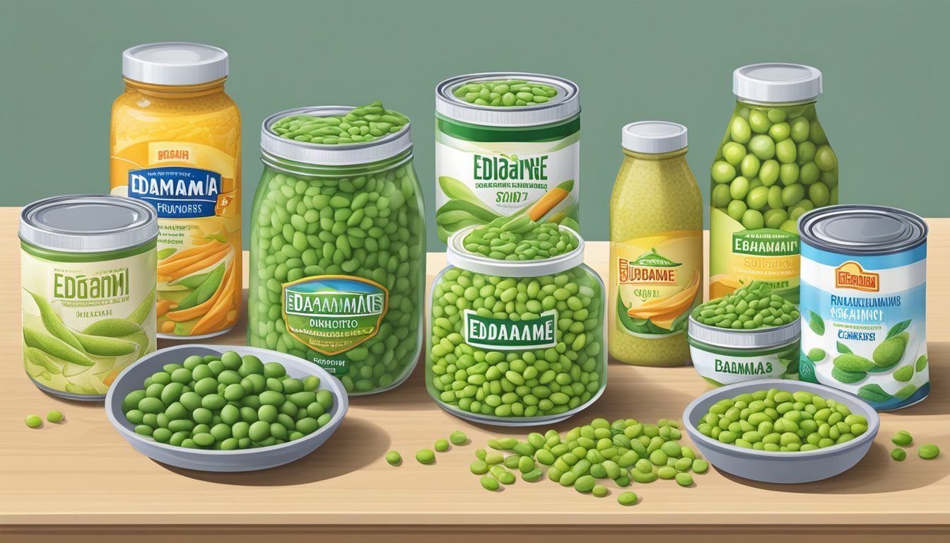 A variety of edamame substitutes displayed on a kitchen counter, including frozen, fresh, and canned options