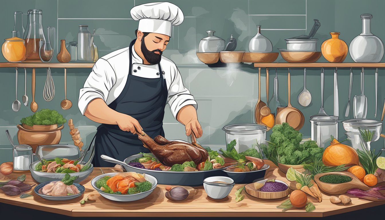 A chef preparing a dish with duck legs, surrounded by various alternative ingredients