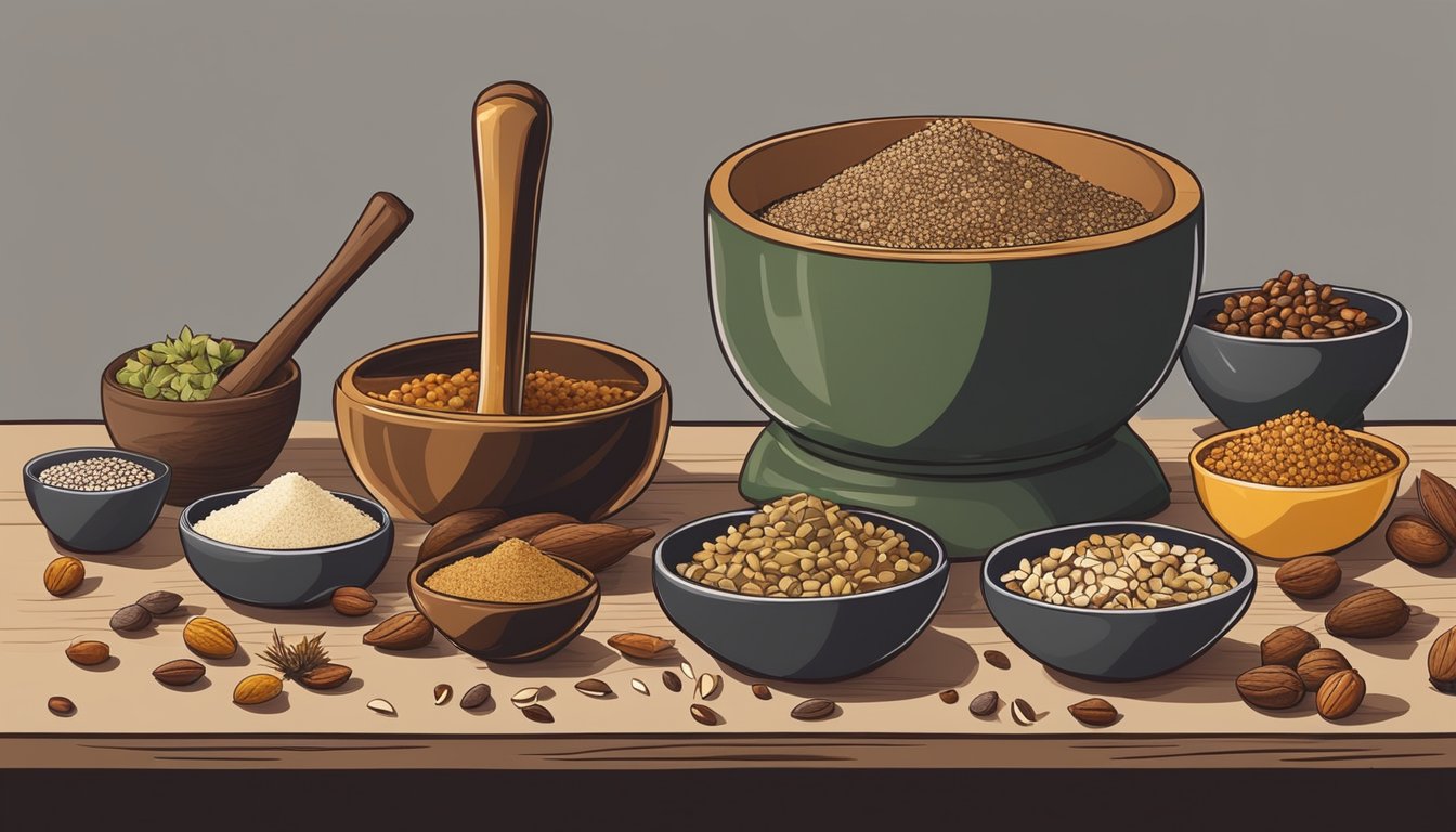 A table with various spices, nuts, and seeds scattered around a mortar and pestle, ready to be mixed into a flavorful dukkah substitute