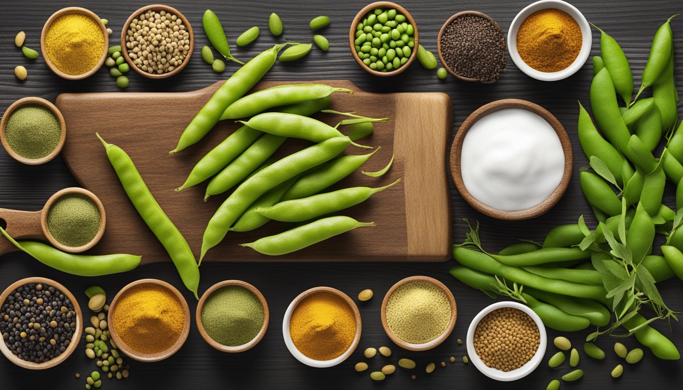 A variety of edamame substitutes arranged on a wooden cutting board with a selection of different seasonings and spices scattered around them