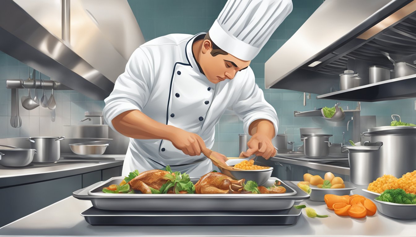 A chef creatively preparing a dish using substitute duck legs in a bustling kitchen