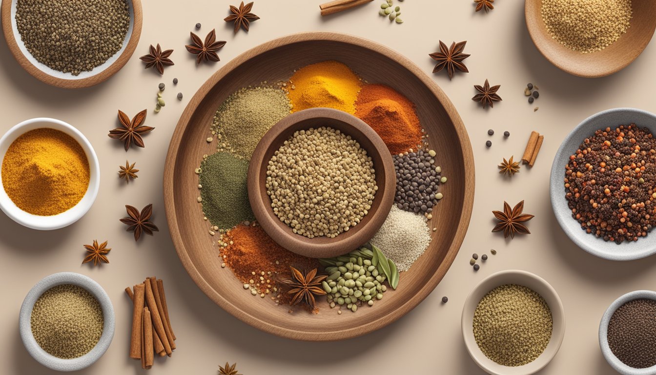 Various individual spices arranged in a circle, with a bowl of dukkah in the center