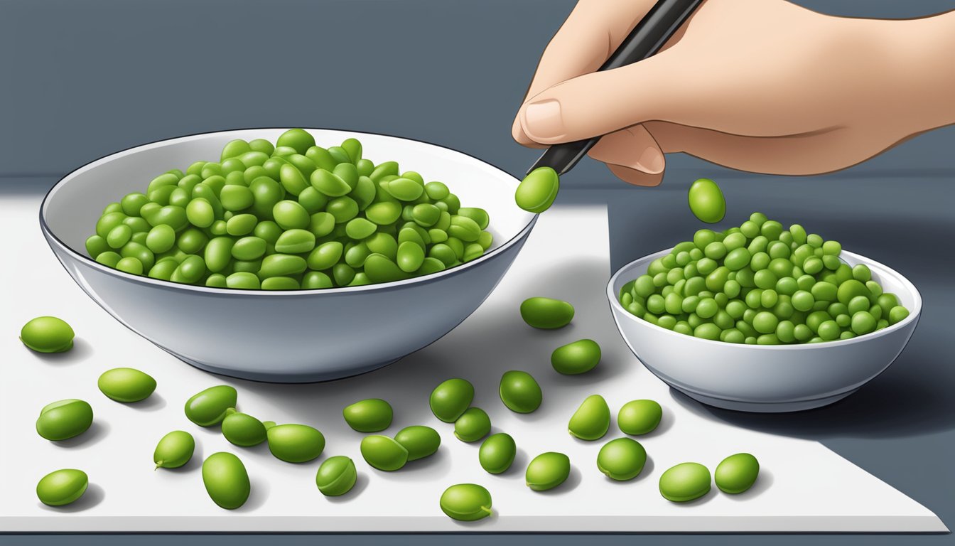 A bowl of edamame is being replaced with a bowl of shelled peas