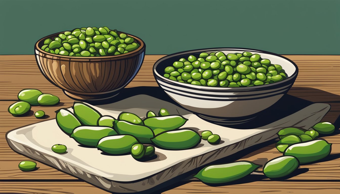 A bowl of edamame sits on a wooden table, surrounded by scattered empty pods. A small dish of salt is nearby