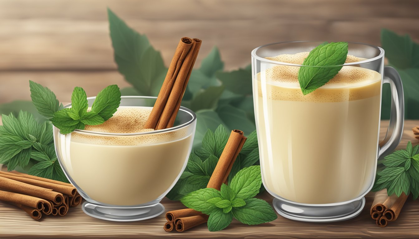 A festive glass of eggnog surrounded by cinnamon sticks, nutmeg, and a sprig of fresh mint on a rustic wooden table