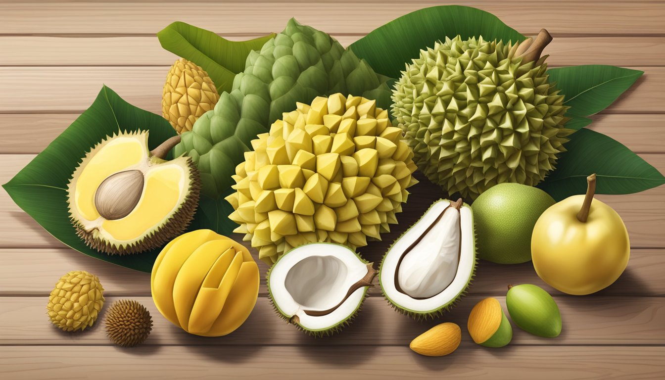 A variety of fruits and ingredients arranged on a wooden table, including jackfruit, custard apple, and mango, with a durian in the center