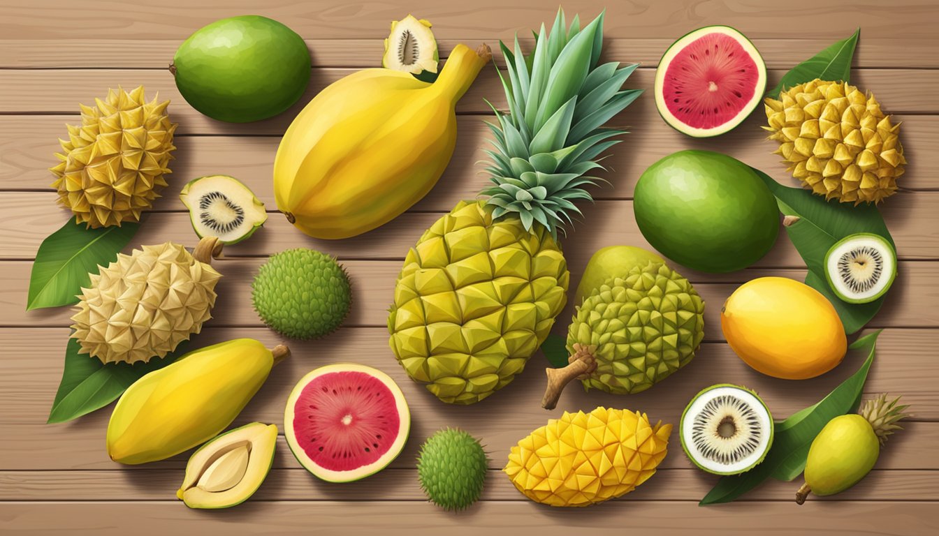 A variety of tropical fruits arranged on a wooden table, including jackfruit, pineapple, and mango, with a durian in the center