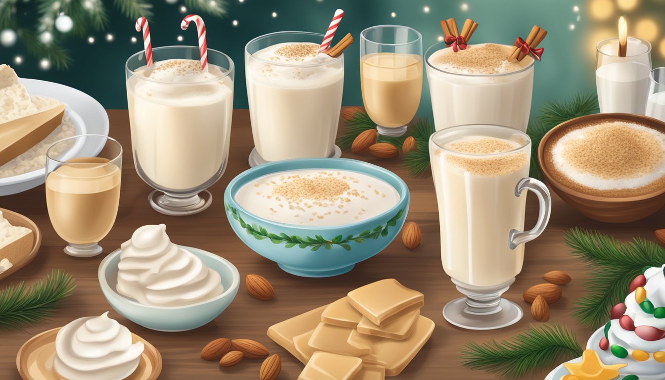 A festive table with a variety of low-fat and healthier eggnog substitutes, including almond milk, coconut milk, and oat milk, surrounded by holiday decorations