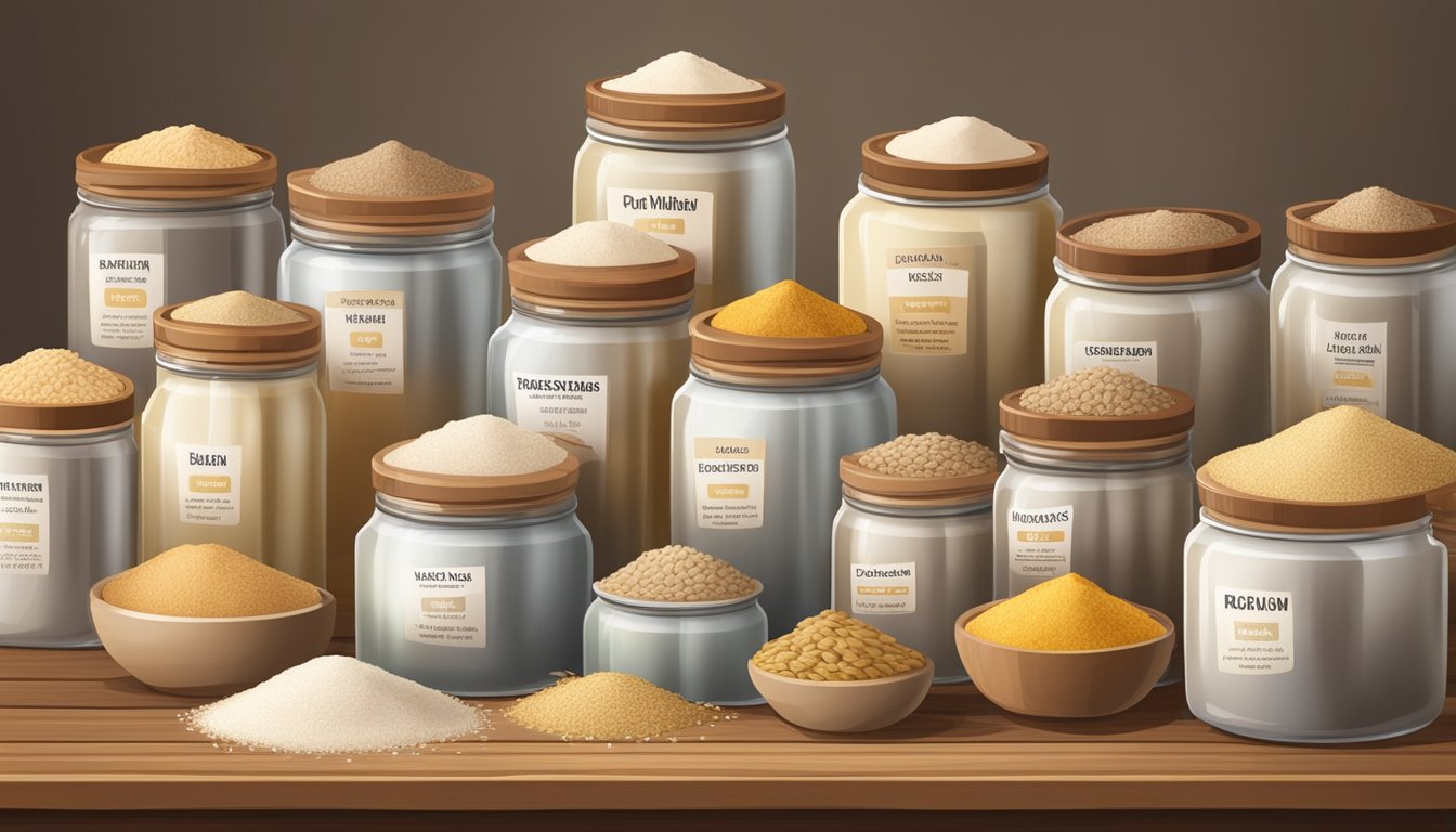 A variety of durum wheat flour substitutes displayed on a wooden table with different grains and flours in labeled jars and containers