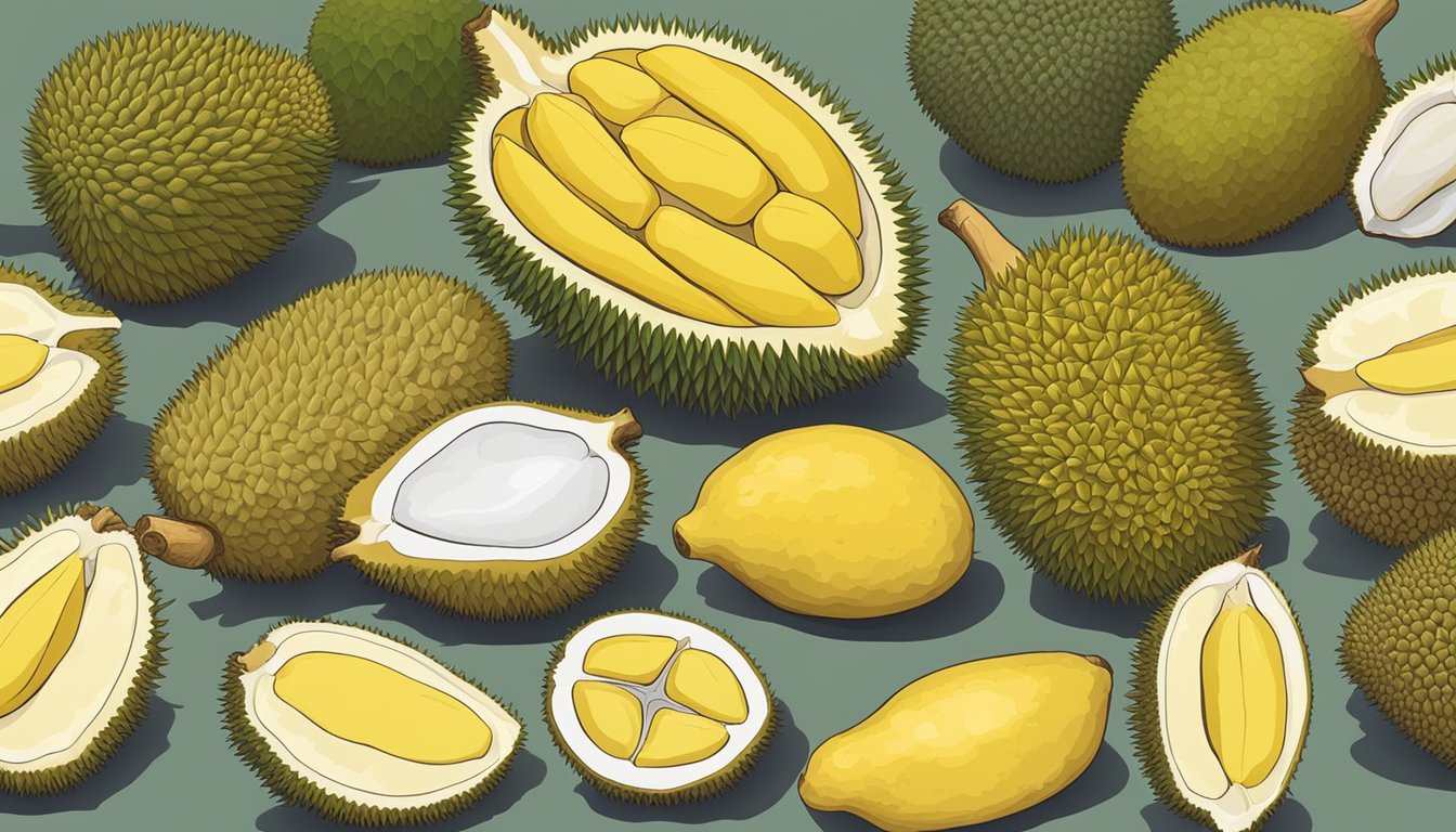 A variety of durian substitutes arranged on a table, including jackfruit, breadfruit, and soursop. Each fruit is labeled with its name for easy identification