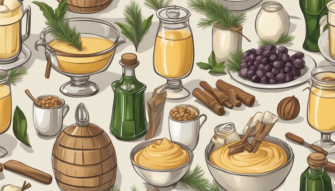 A festive table adorned with various ingredients and tools for making alcoholic eggnog substitutes