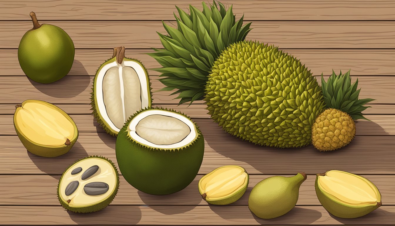 A variety of fruits, including jackfruit, breadfruit, and soursop, displayed on a wooden table with a durian in the center