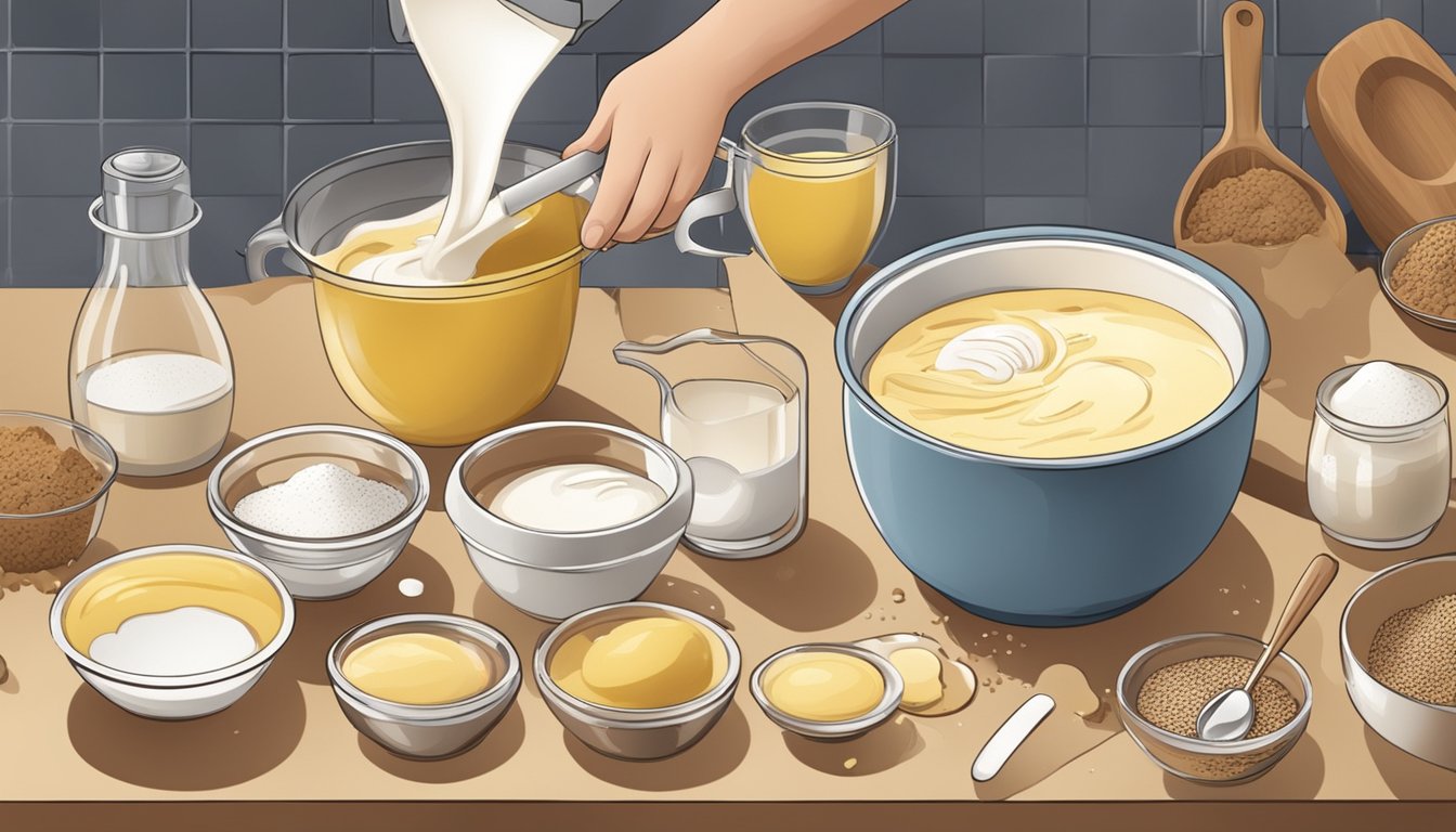 A person pours eggnog substitute into a mixing bowl, surrounded by baking ingredients and utensils