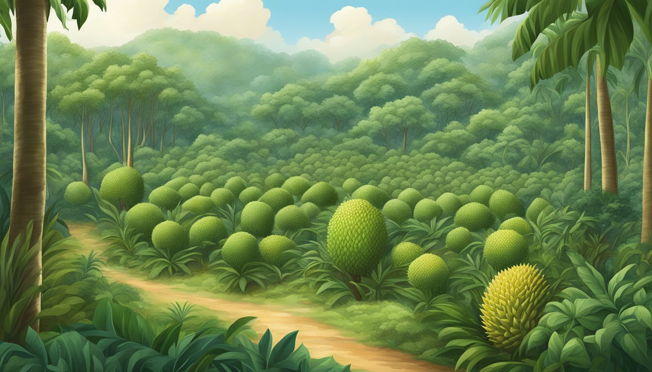 Lush tropical forest with various fruit trees, including durian substitutes, growing in accessible locations for harvesting