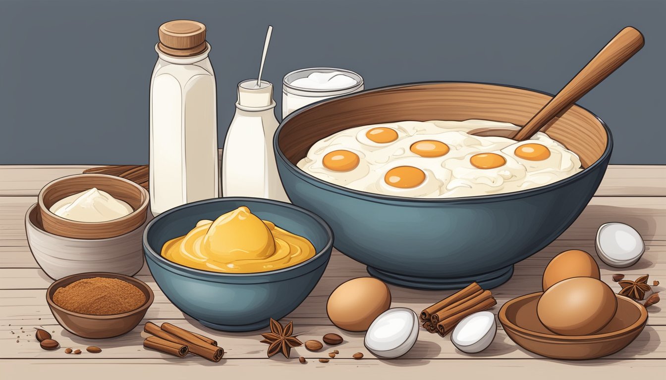 A festive table with a variety of ingredients like eggs, milk, nutmeg, and cinnamon. A mixing bowl and whisk sit ready for blending