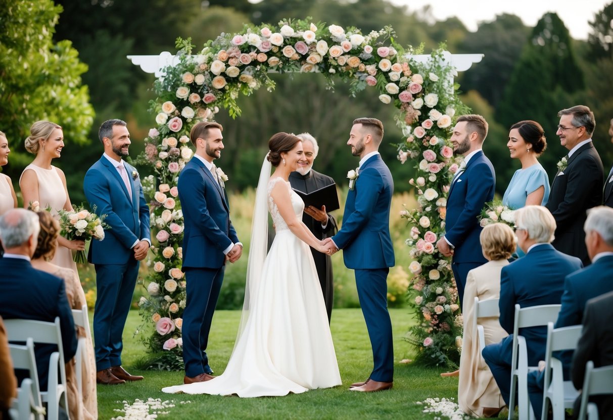 A couple stands beneath a floral arch in a garden, surrounded by family and friends. An officiant leads a non-traditional ceremony, incorporating unique rituals and personal vows