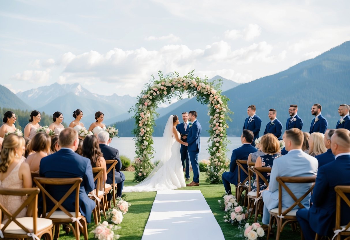 A beautiful outdoor wedding ceremony with a flower-adorned arch, guests seated on wooden chairs, and a picturesque backdrop of mountains or a serene lake