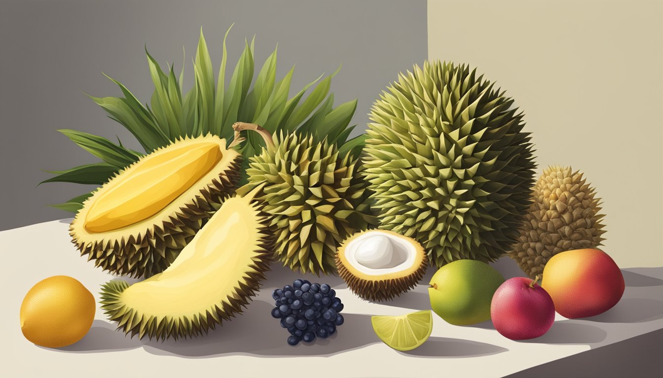 A table with various fruits, a durian cut open, and other fruits arranged around it