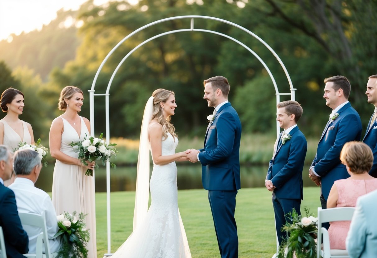 A bride and groom standing beneath a simple arch, exchanging vows in a serene outdoor setting surrounded by family and friends
