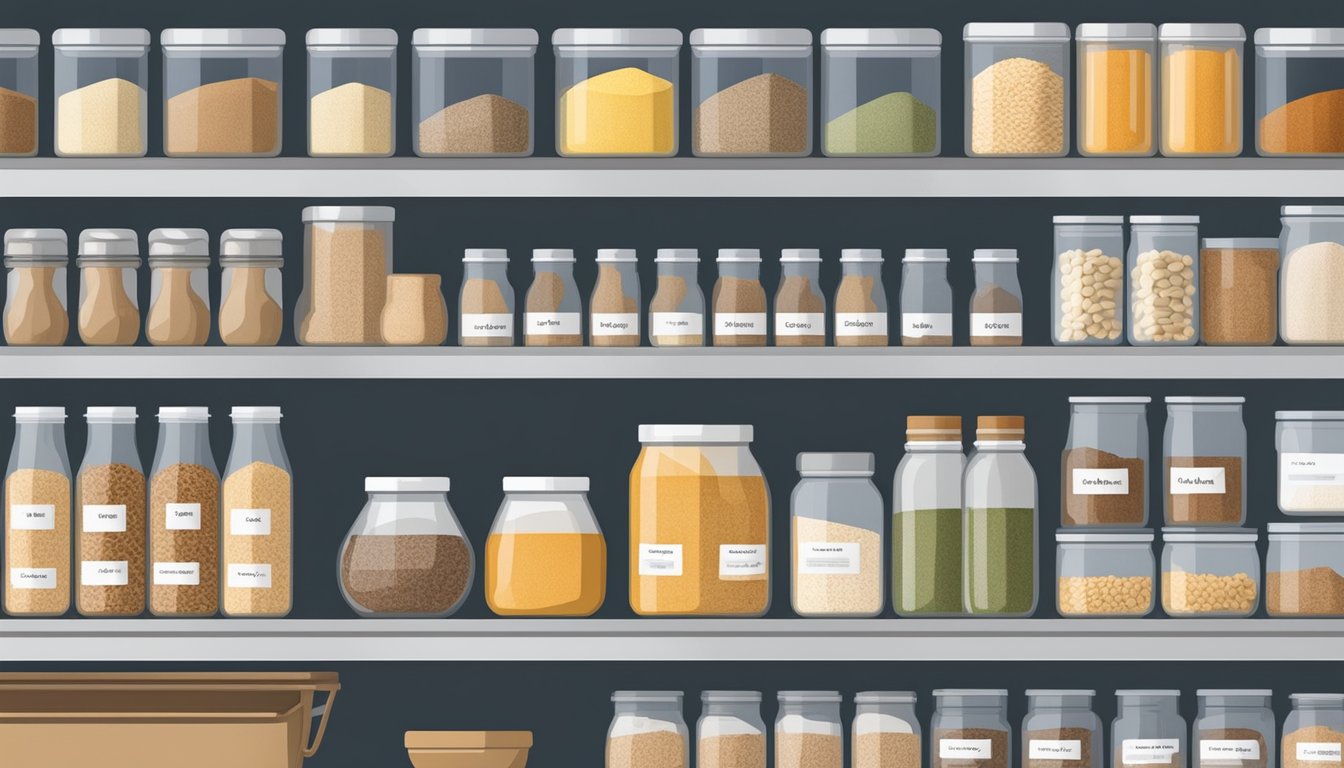 A pantry shelf with various flours in labeled airtight containers, including durum wheat substitutes, with expiration dates visible