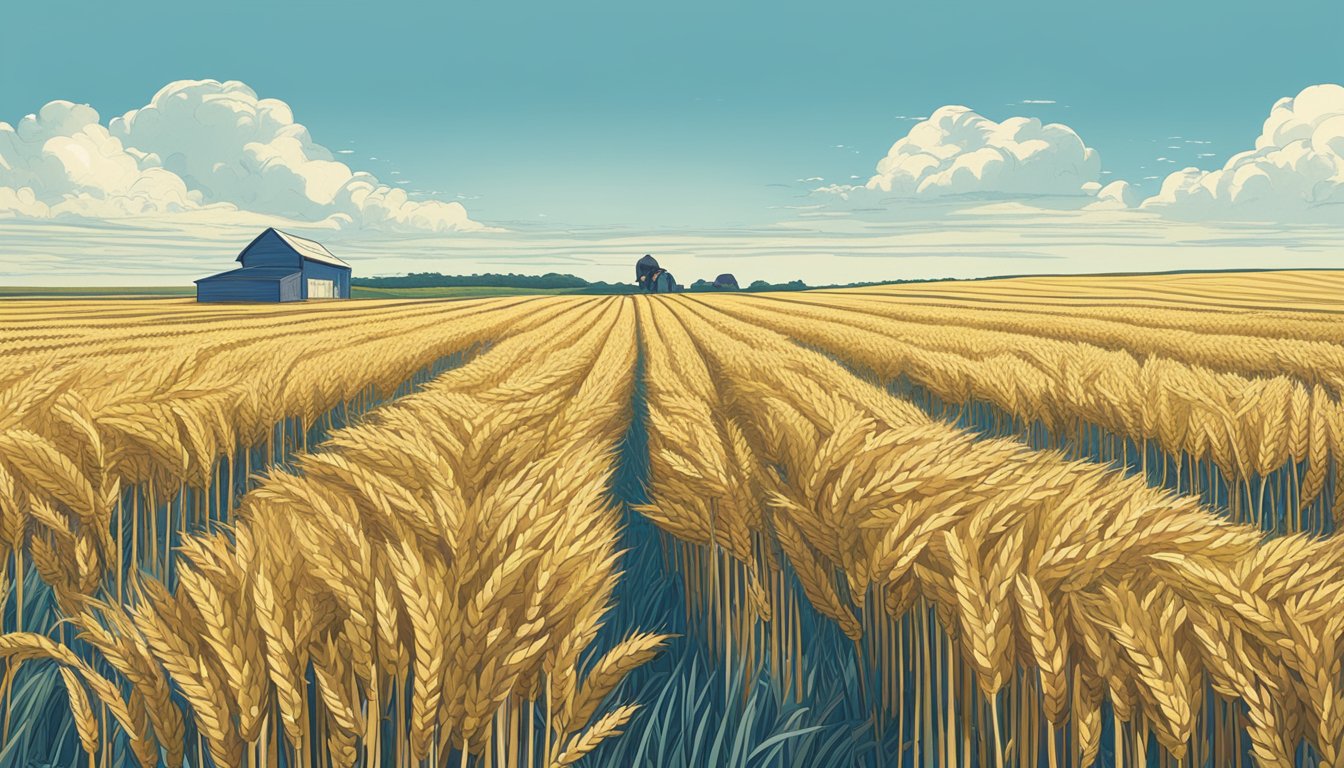 A golden field of durum wheat substitutes swaying in the breeze under a clear blue sky, with a farmer inspecting the crop in the background