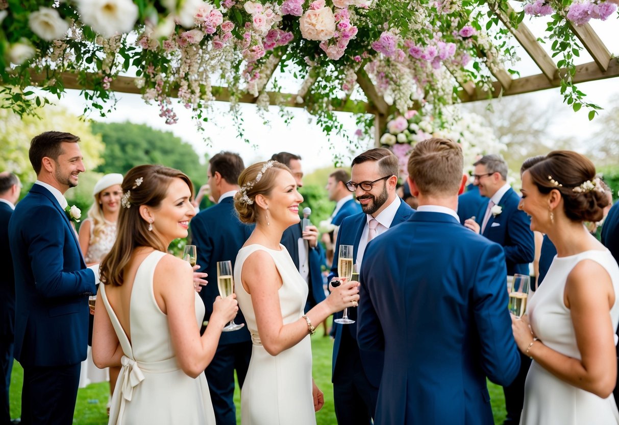 Guests mingling in a garden after a wedding ceremony, sipping champagne and chatting under a canopy of blooming flowers