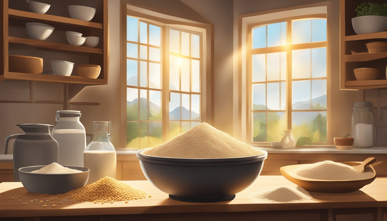 A rustic kitchen scene with a bowl of einkorn flour surrounded by various alternative flours and grains. Sunlight streams through a window, casting a warm glow on the ingredients