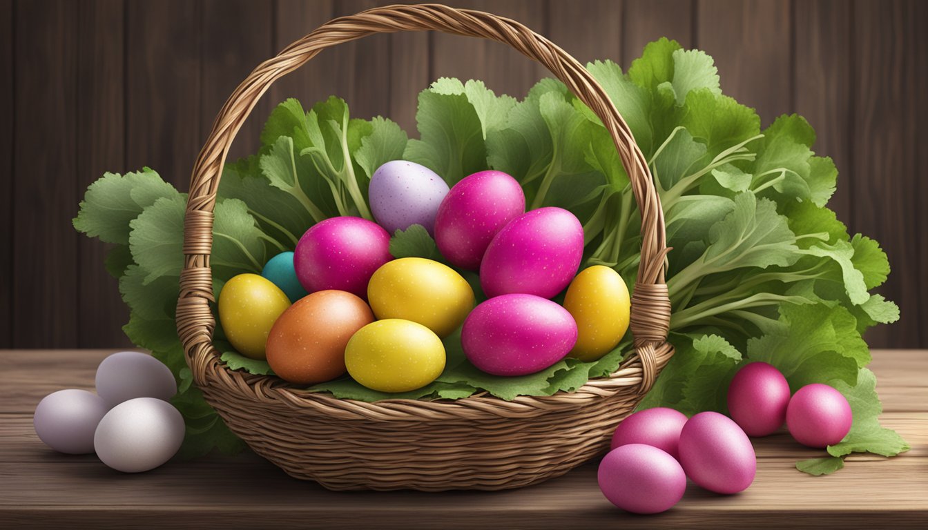 A colorful assortment of Easter Egg radishes arranged in a wicker basket on a rustic wooden table