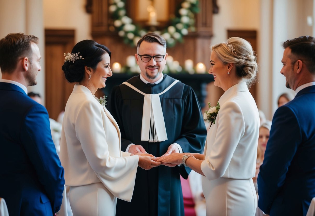A wedding officiant in the UK stands at the front of a decorated ceremony space, ready to lead the couple through their vows and exchange of rings