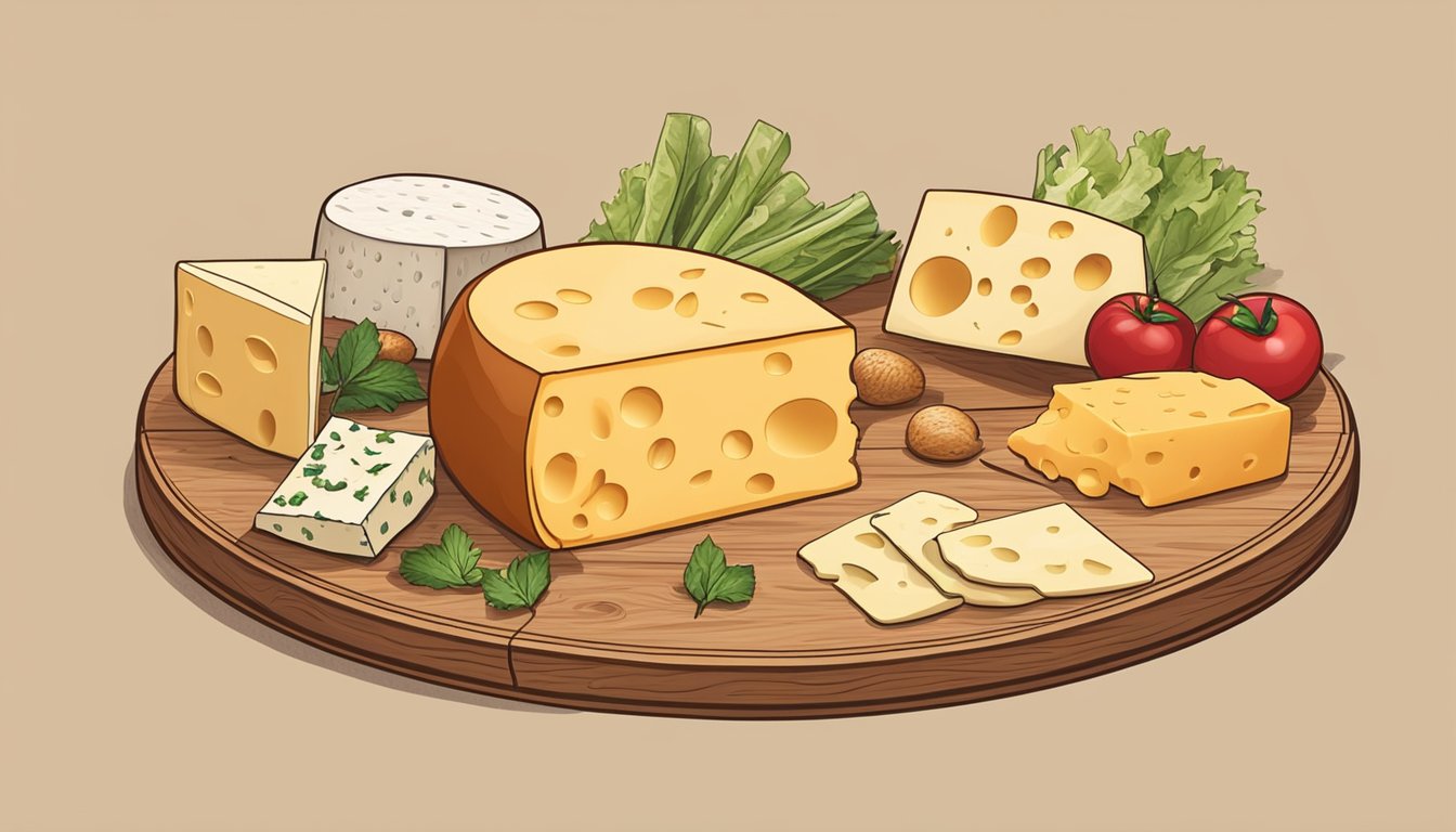 A wheel of Edam cheese surrounded by various alternative cheese options on a wooden cutting board