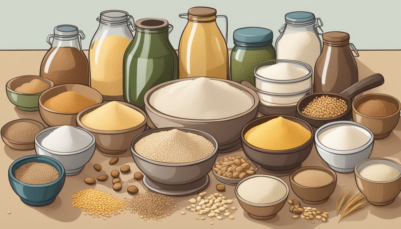 A person baking with einkorn flour alternatives, surrounded by various grains and ingredients, with a focus on health and nutrition