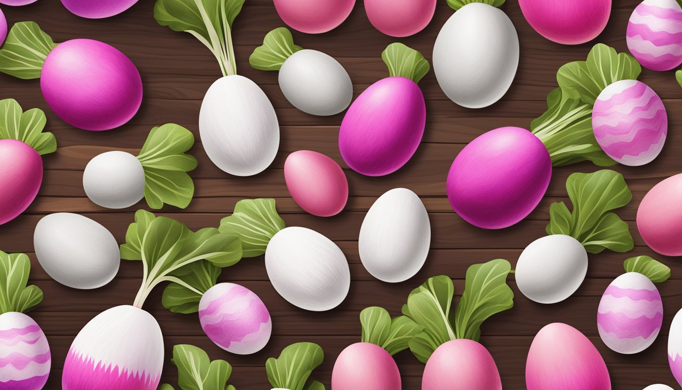 A colorful array of easter egg radishes, varying in shades of pink, purple, and white, arranged on a wooden cutting board